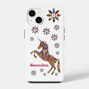 Coque Pour iPhone 14 Fleurs de fantaisie de licorne Paillettes Personna
