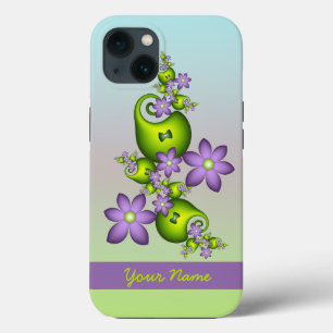 Etui iPhone 13 Fleurs de fantaisie lilas Formes vertes Nom fracta