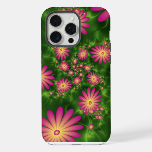 Coque iPhone 15 Pro Max Fleurs de fantaisie roses, art fractal abstrait mo
