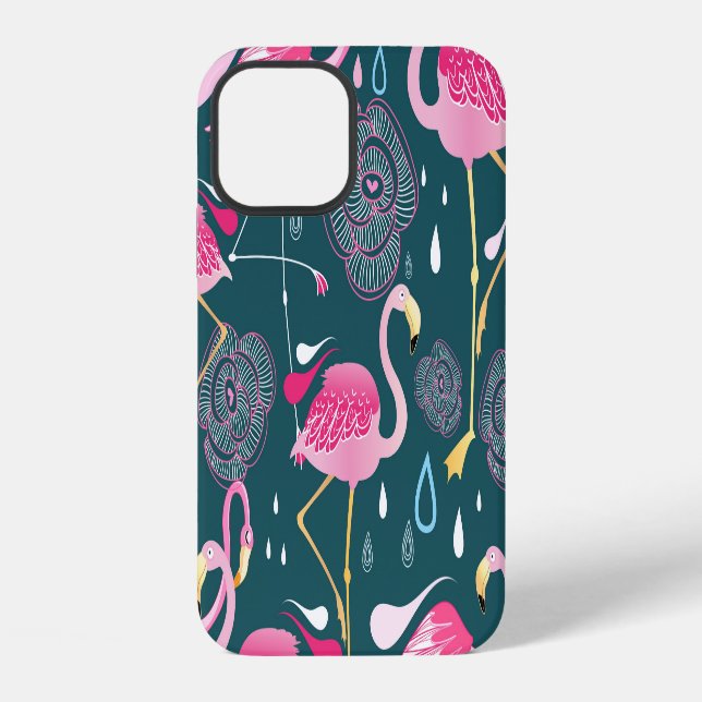 Coque iPhone Fleurs de flamants roses : motif graphique sombre  (Verso)