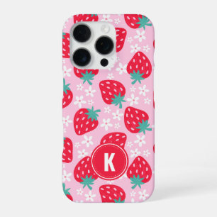 Coque iPhone 16 Pro Fleurs de fraises rouges roses Motif Monogramme