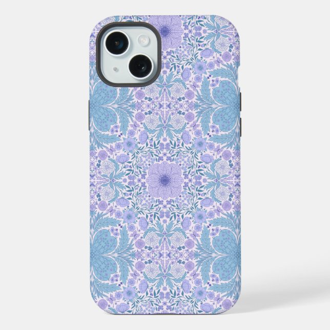 Coque iPhone Fleurs de jardin rétro en bleu et violet (Verso)