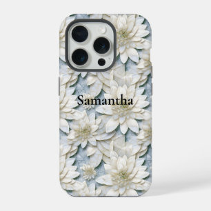 Coque iPhone 15 Pro Fleurs de lotus bleu blanc