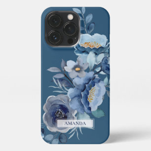 Etui iPhone 13 Pro Fleurs de marine Nom personnalisé bleu