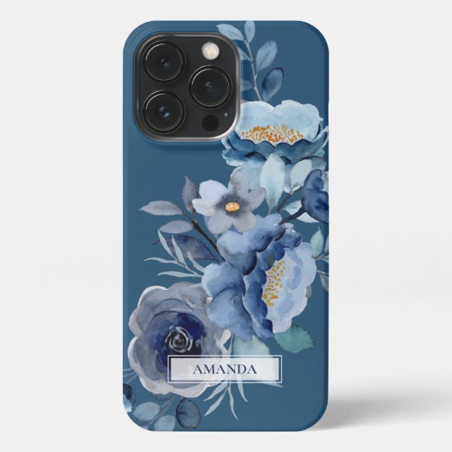 Coque iPhone Fleurs de marine | Nom personnalisé bleu (Verso)