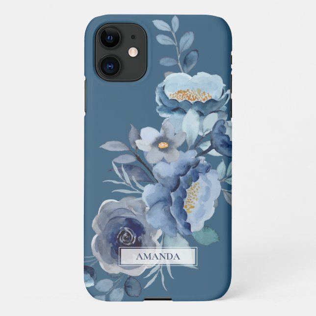 Coque iPhone Fleurs de marine | Nom personnalisé bleu (Dos)