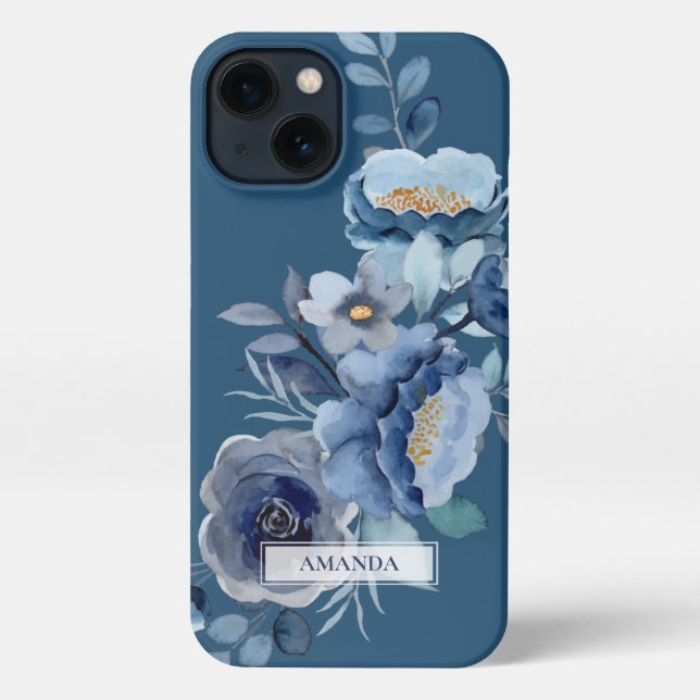 Coque iPhone Fleurs de marine | Nom personnalisé bleu (Verso)