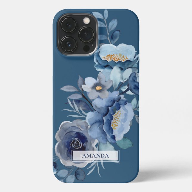 Coque iPhone Fleurs de marine | Nom personnalisé bleu (Verso)