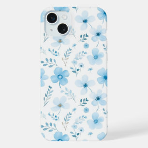 Coque iPhone 15 Plus Fleurs de motif floral boho bleu pastel