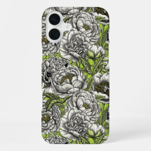 Coque iPhone 16 Plus Fleurs de pivoine blanche et papillons de nuit