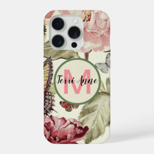Coque iPhone 15 Pro Fleurs de pivoine et papillons gras avec monogramm