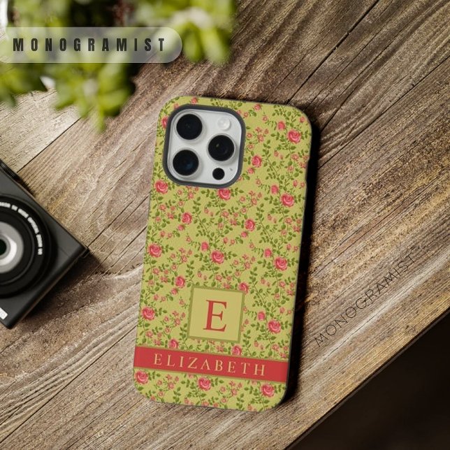 Coque iPhone Fleurs de rose rose personnalisables vert olive (Customizable Olive Green Floral Pink Rose Flowers iPhone Case)
