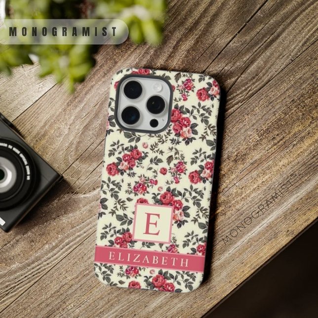 Coque iPhone Fleurs de rose rouges florales jaune clair personn (Customizable Light Yellow Floral Red Rose Flowers iPhone Case)