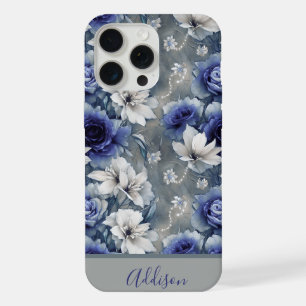 Coque iPhone 15 Pro Max Fleurs de roses et de lys vintage Bleu et blanc
