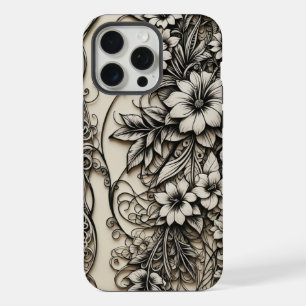 Coque iPhone 15 Pro Max Fleurs de scrimshaw d'os de téléphone