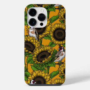 Coque Pour Pour iPhone 14 Pro Max Fleurs de soleil et ailerons d'or sur orange