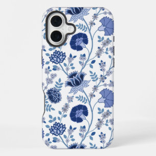 Coque iPhone 16 Plus Fleurs de style jacobéen grand motif bleu sur fond