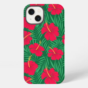 Etui iPhone 13 Fleurs d'Hibiscus Rouge sur Feuilles Tropicales Ve