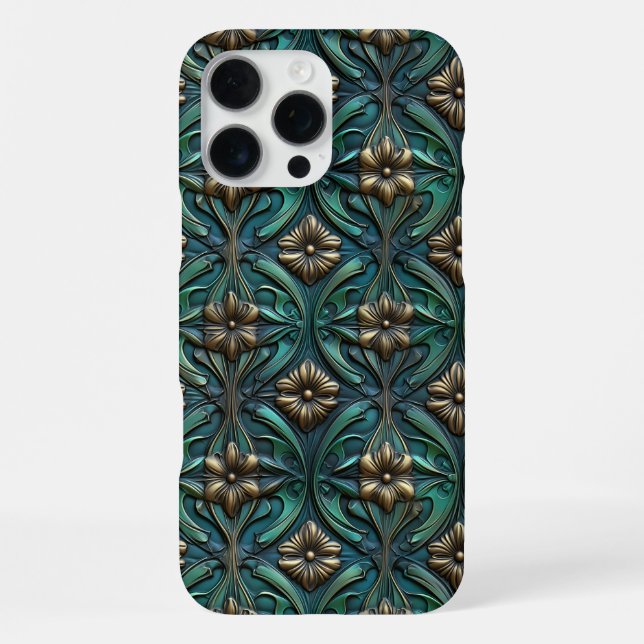 Coque iPhone Fleurs dorées et vertes en relief (Verso)