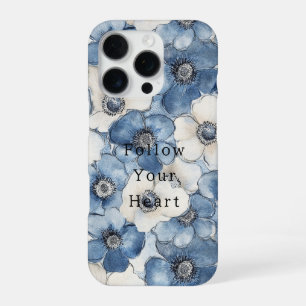 Coque iPhone 16 Pro Fleurs en Denim Bleu Blanc