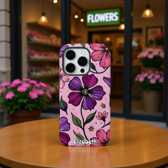 Coque iPhone Fleurs en impasto sur fond rose (Créateur téléchargé)