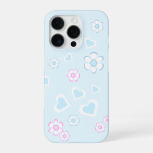 Coque iPhone 16 Pro Fleurs et cœurs bleus clair et roses enchanteurs