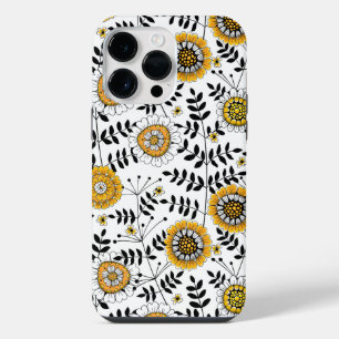 Coque Pour Pour iPhone 14 Pro Max Fleurs et feuilles de doodle en jaune et noir