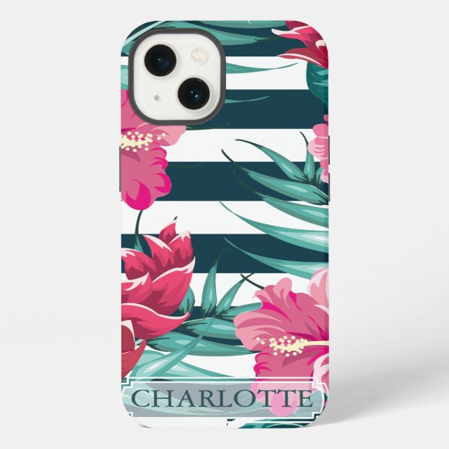 Coque iPhone Fleurs Exotiques Monogramme rayé (Verso)