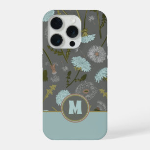 Coque iPhone 15 Pro Fleurs fantaisistes de pissenlit gris bleu avec mo
