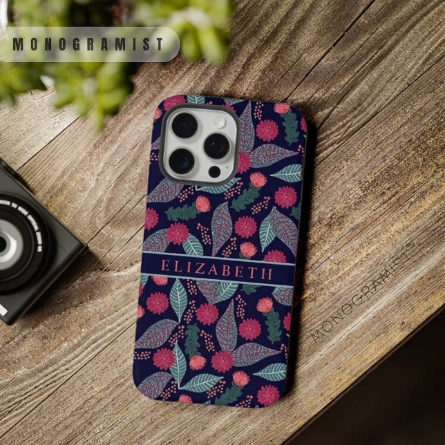Coque iPhone Fleurs florales roses foncées personnalisables (Customizable Dark Blue Green Floral Pink Flowers iPhone Case)