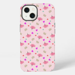Etui iPhone 13 Fleurs gribouillées roses avec des cœurs