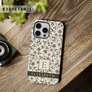 Coque iPhone 15 Pro Max Fleurs grises personnalisables Flora rose violet
