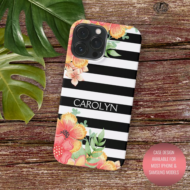 Coque iPhone Fleurs Hawaii personnalisées Motif noir blanc rayu (Créateur téléchargé)