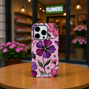 Coque iPhone 16 Pro Fleurs Impasto sur fond rose
