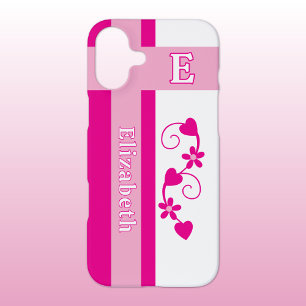 Coque iPhone 16 Plus Fleurs initiales de nom personnalisé cœurs roses