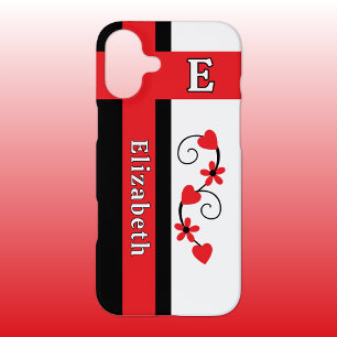 Coque iPhone 16 Plus Fleurs initiales de nom personnalisé cœurs rouges