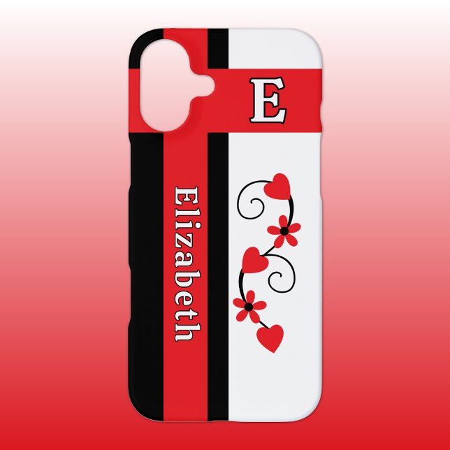 Coque iPhone Fleurs initiales de nom personnalisé cœurs rouges (Créateur téléchargé)