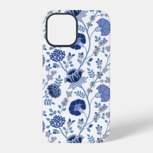 Coque iPhone 12 Pro Fleurs jacobéennes grand motif bleu sur blanc