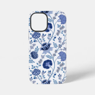 Coque iPhone 12 Mini Fleurs jacobéennes grand motif bleu sur blanc