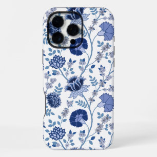Coque iPhone 16 Pro Max Fleurs jacobéennes grand motif bleu sur fond blanc