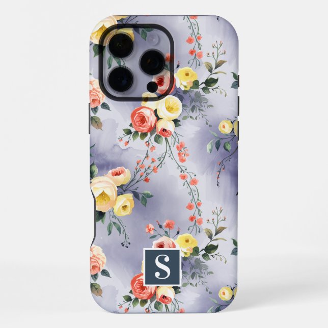 Coque iPhone Fleurs jaunes et corail à monogramme (Verso)