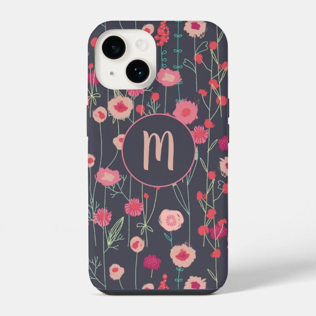 Coque iPhone Fleurs monogramme noir rose (Verso)