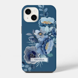 Coque Pour iPhone 14 Fleurs Navy Nom personnalisé bleu