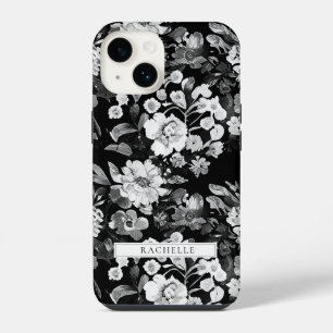Coque Pour iPhone 14 Fleurs noir et blanc aquarelle personnalisé