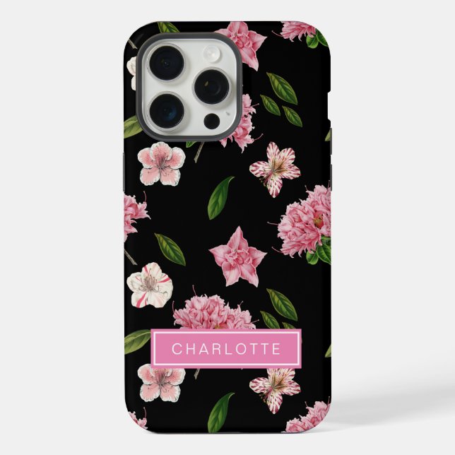 Coque iPhone Fleurs noires botaniques avec fleurs roses  (Verso)