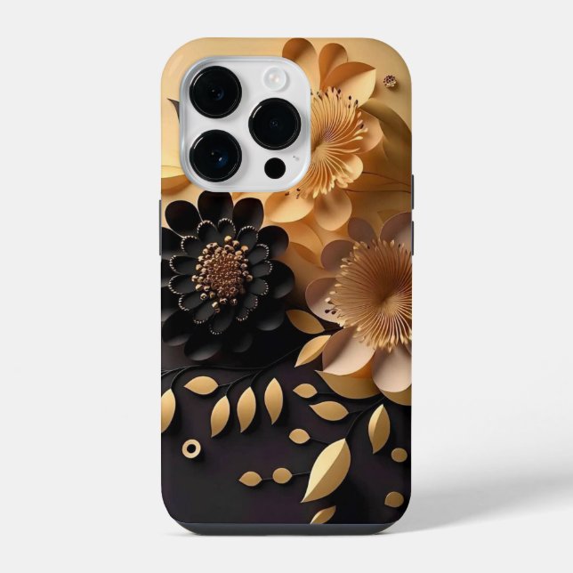 Coque iPhone Fleurs noires et or 3D (Verso)