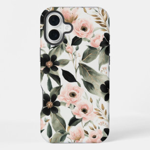 Coque iPhone 16 Plus Fleurs noires et rose coquillage