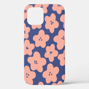 Coque iPhone 12 Fleurs oranges pastel drôles sur fond bleu vif
