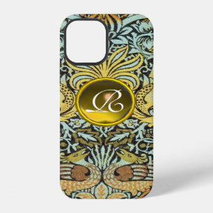 COQUE iPhone 12 FLEURS, PAONS ET DRAGONS JAUNE GEMME MONOGRAMME