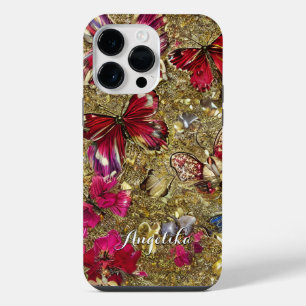 Coque Pour Pour iPhone 14 Pro Max Fleurs papillons abstraites or et rouge